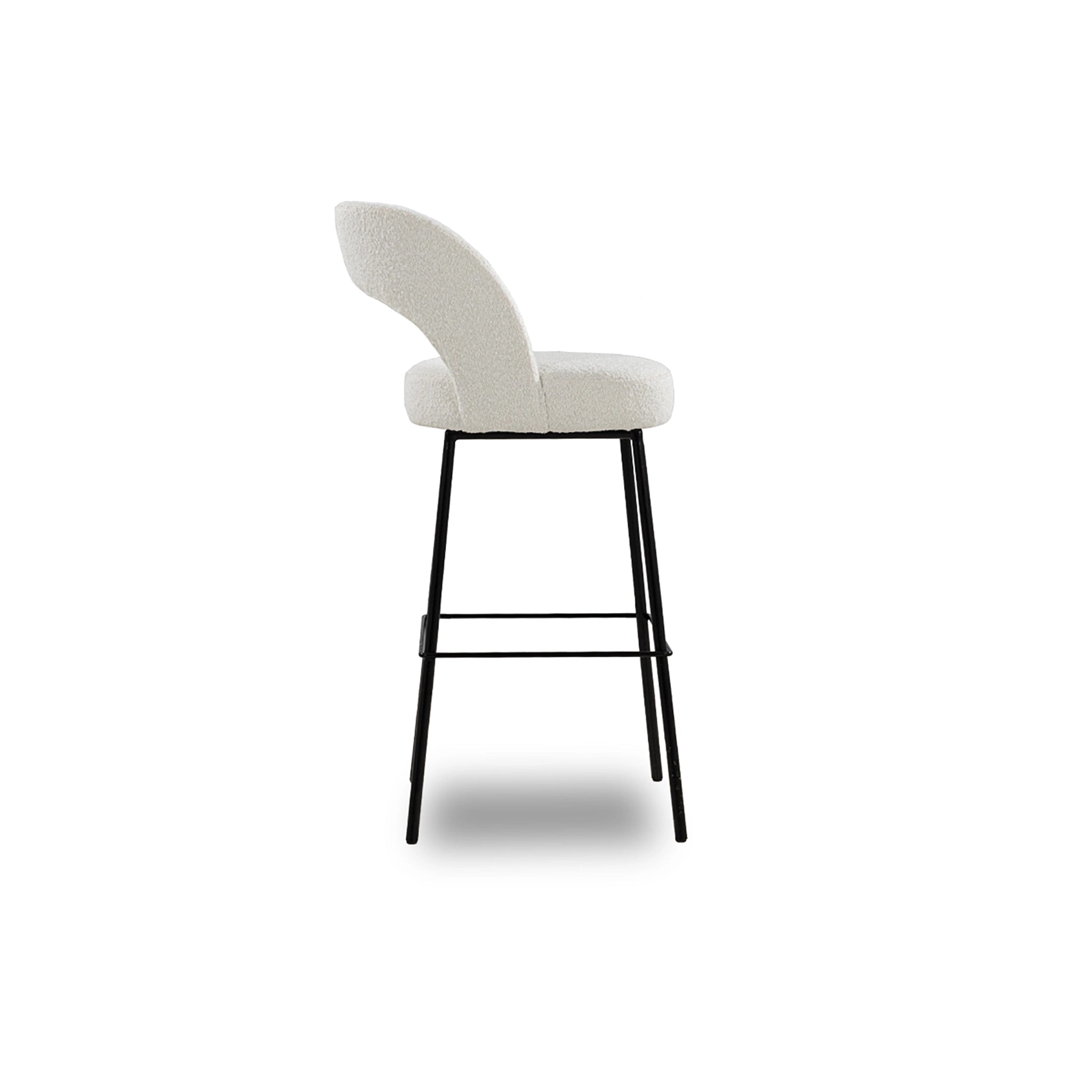 Bar stool with white cushioned seat and black metal legs on a white background
