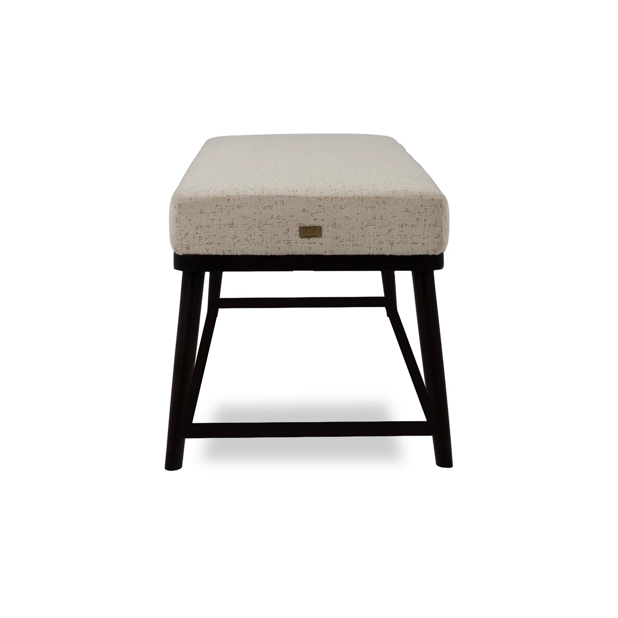 Stool with beige cushioned seat and black legs on a white background