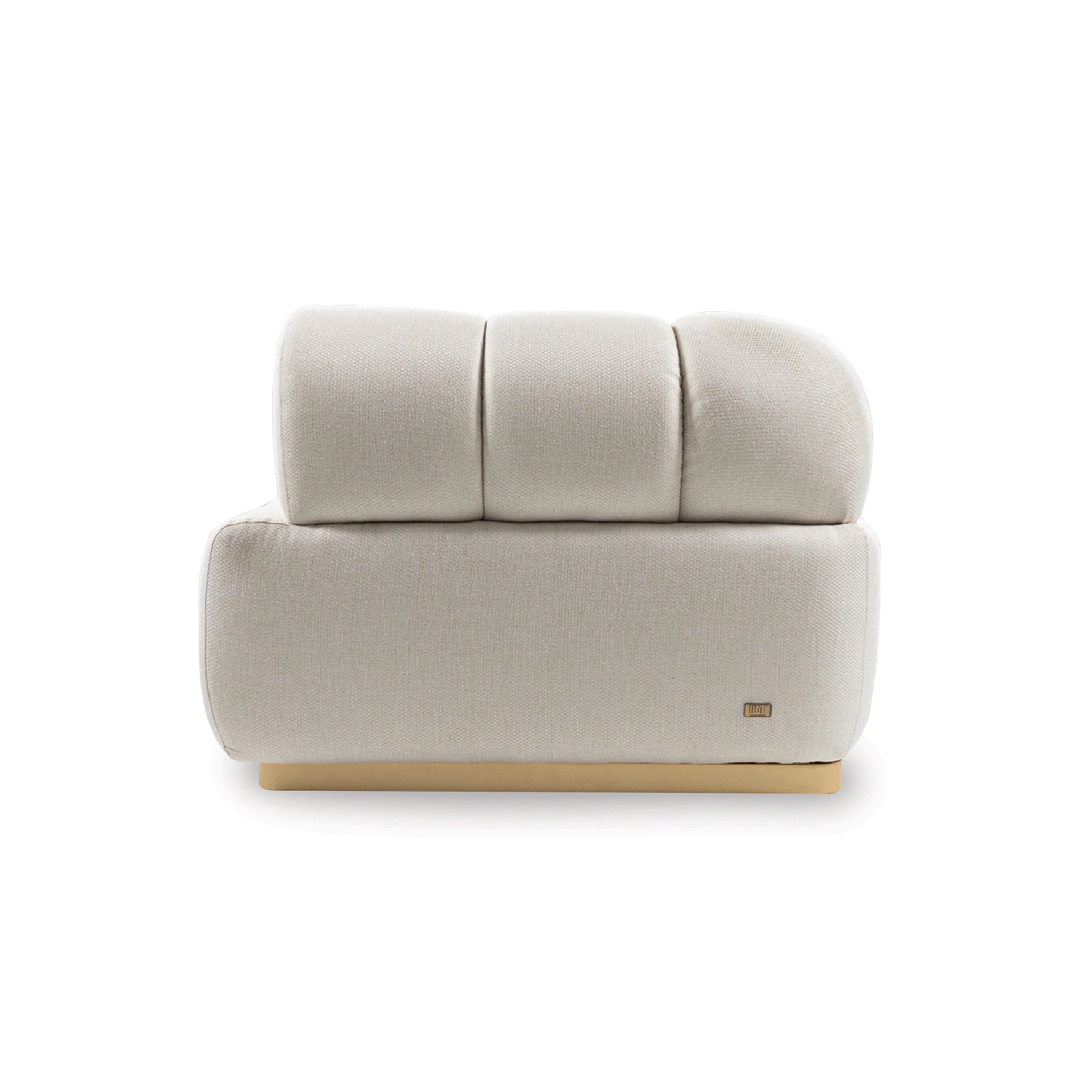 Beige fabric sofa with wooden legs on a white background