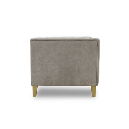 Gray upholstered ottoman with wooden legs on a white background