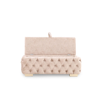 Beige upholstered bed with tufted design on a white background