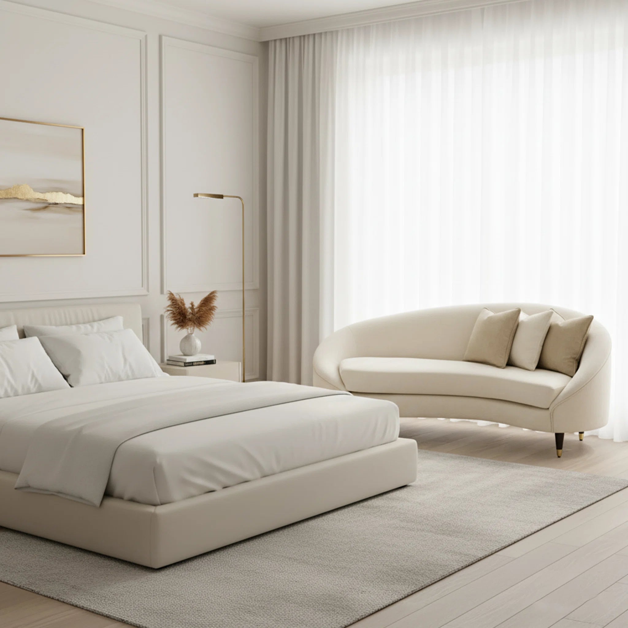 Modern bedroom with beige bed and sofa, neutral decor