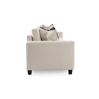 Beige armchair with decorative pillows on a white background