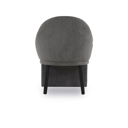 Gray upholstered chair with black legs on a white background