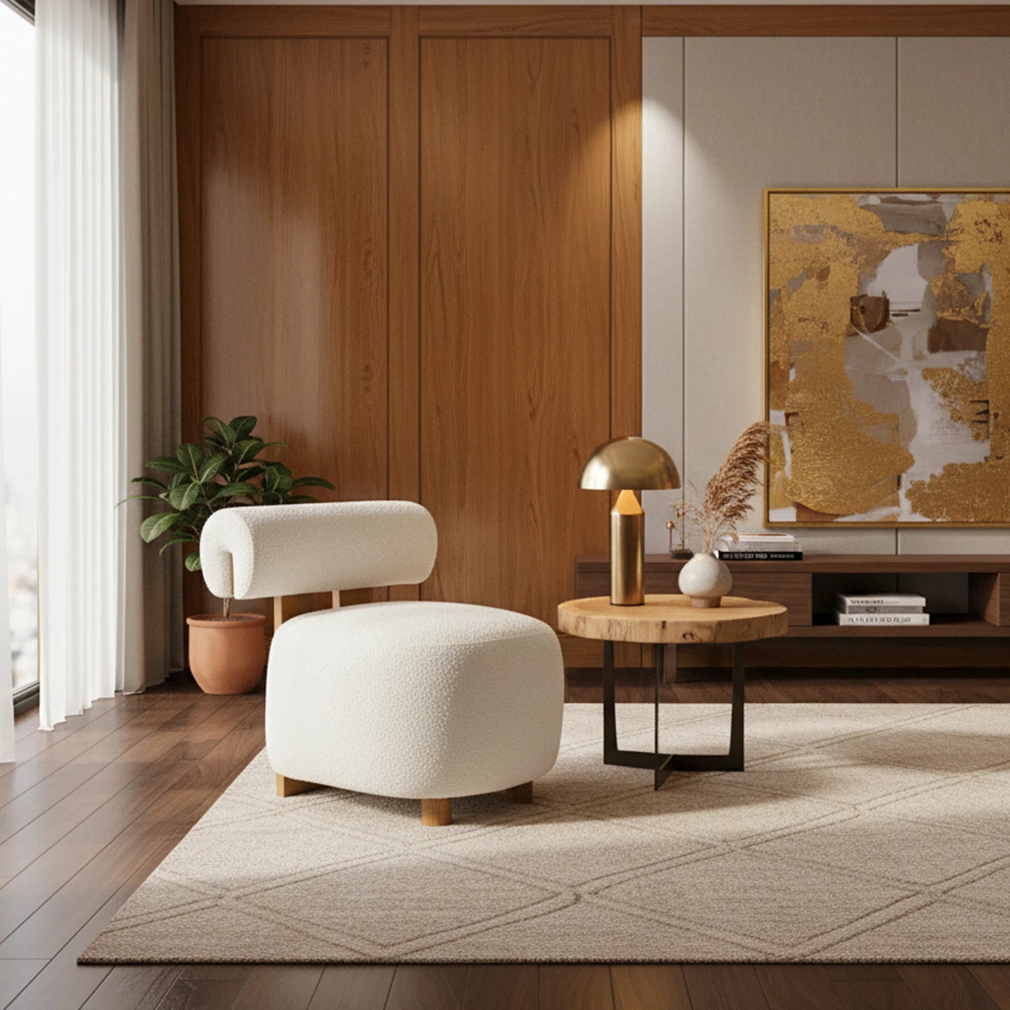 Modern living room with a white ottoman, wooden side table, and abstract art on the wall.