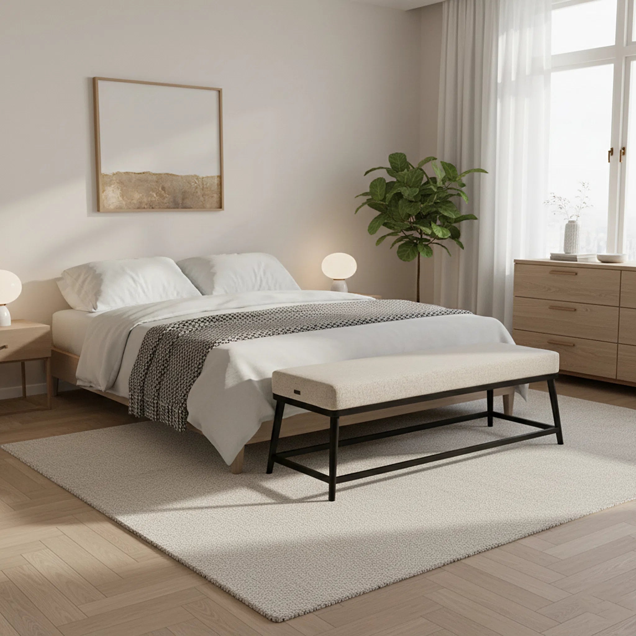 Modern bedroom with a bed, bench, and decor elements.