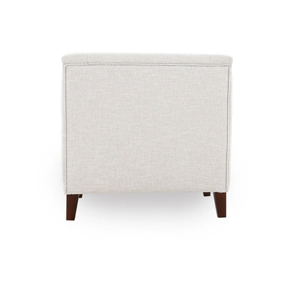 White textured ottoman with wooden legs on a white background