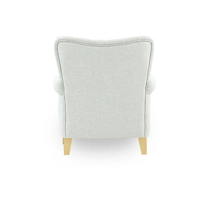 Light gray armchair with wooden legs on a white background