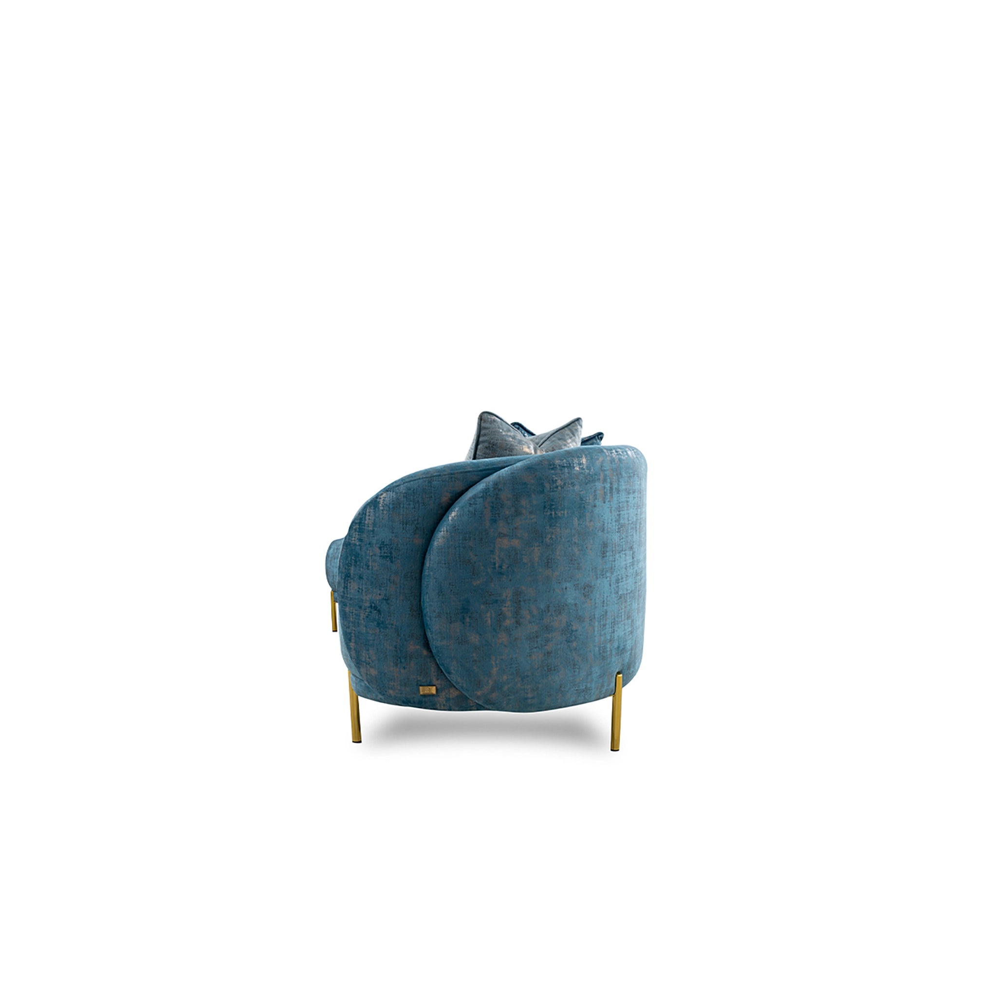 Blue armchair with gold legs on a white background