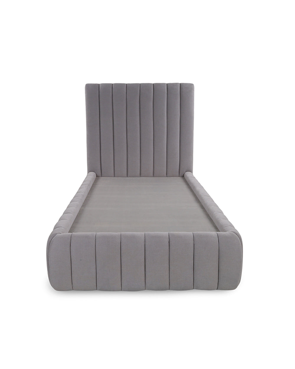 Gray upholstered bed with tufted design on a white background
