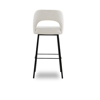 Bar stool with a white cushioned seat and black metal legs on a white background