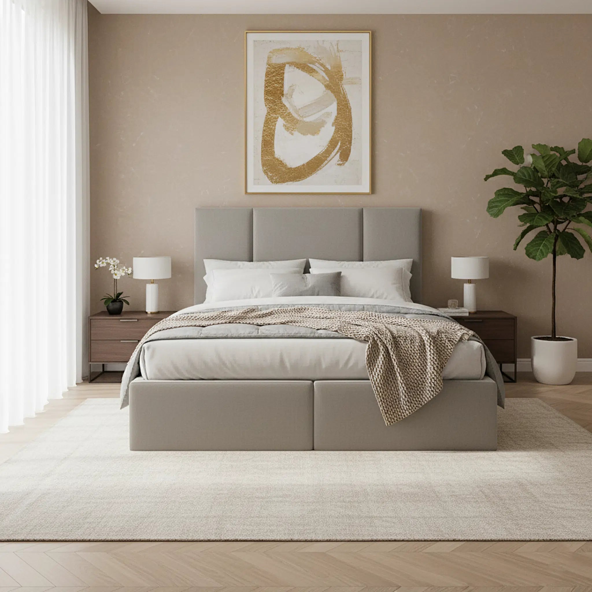 Neatly made bed in a bedroom with abstract art on the wall and side tables.