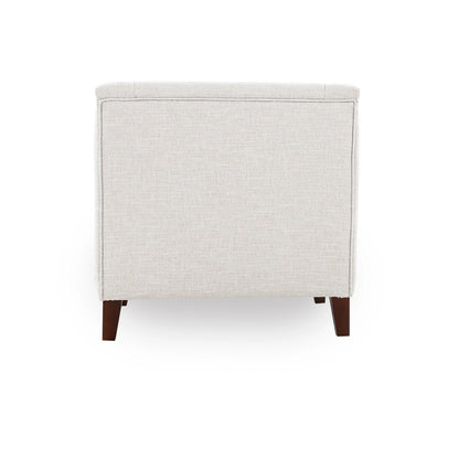 White upholstered ottoman with wooden legs on a white background