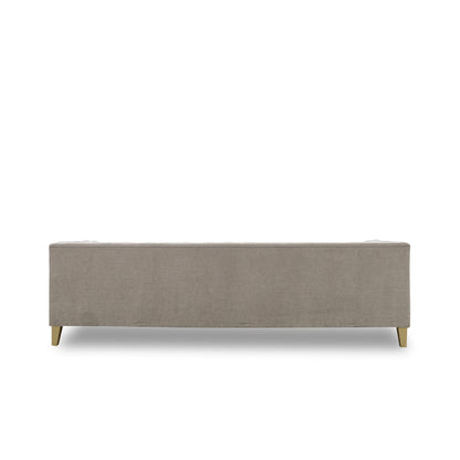 Beige fabric bench with wooden legs on a white background