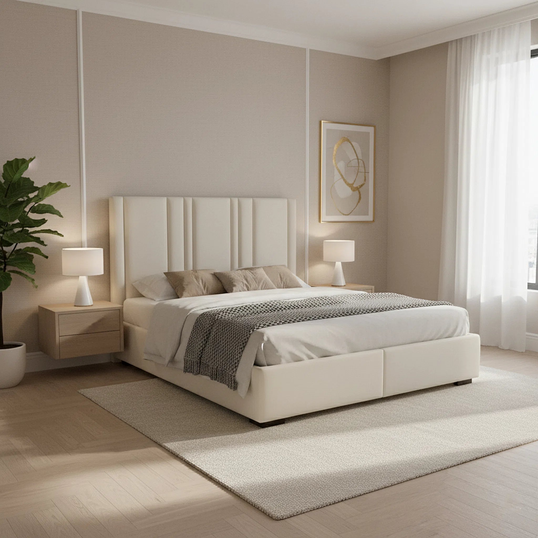 Modern bedroom with a beige bed, nightstands, and decor.