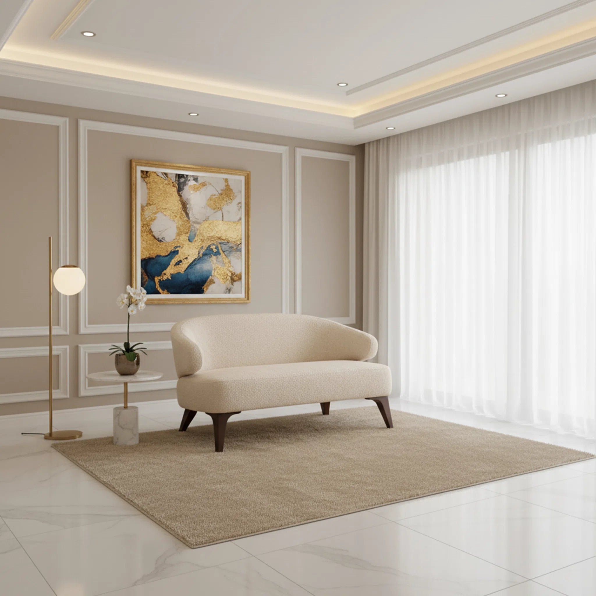 Modern living room with a beige sofa, decorative painting, and floor lamp.