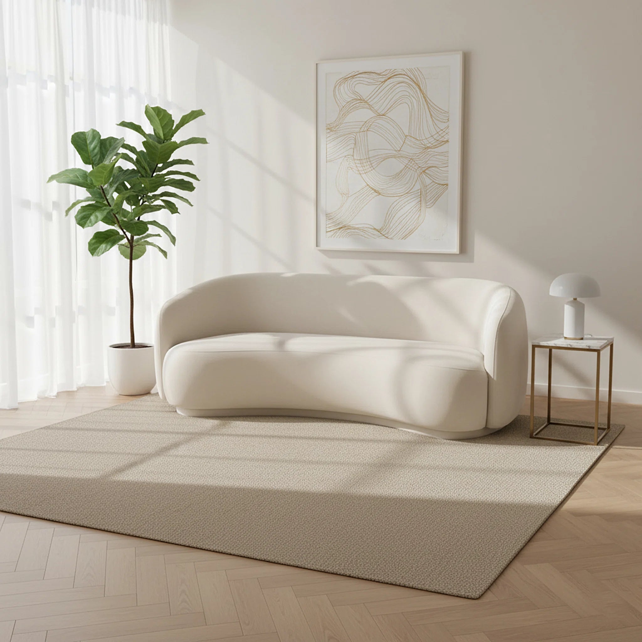 Modern living room with a white sofa, plant, and abstract art on the wall.