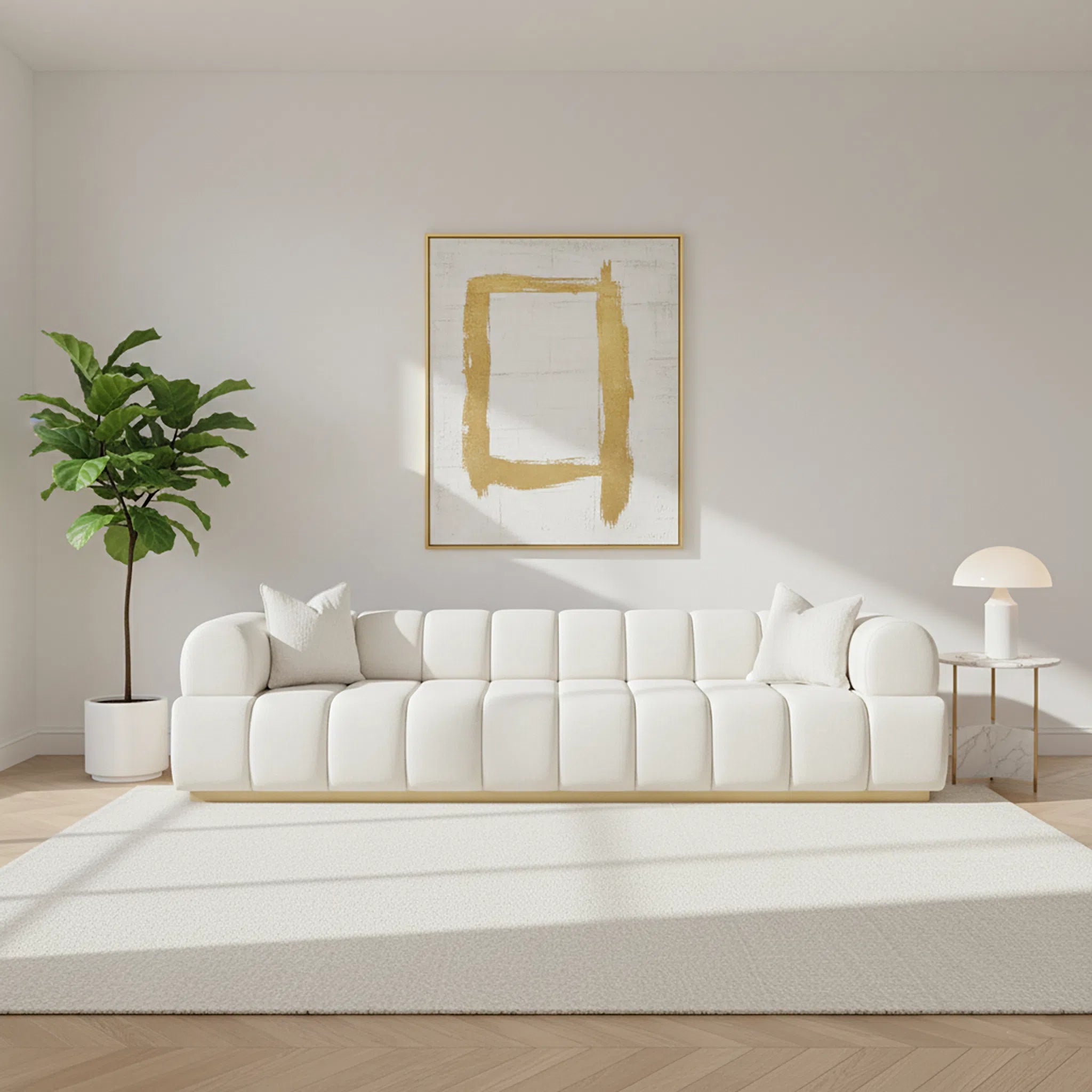 Modern living room with a white sofa, plant, and abstract art on the wall.
