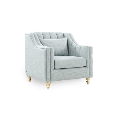 Light gray armchair with gold legs on a white background