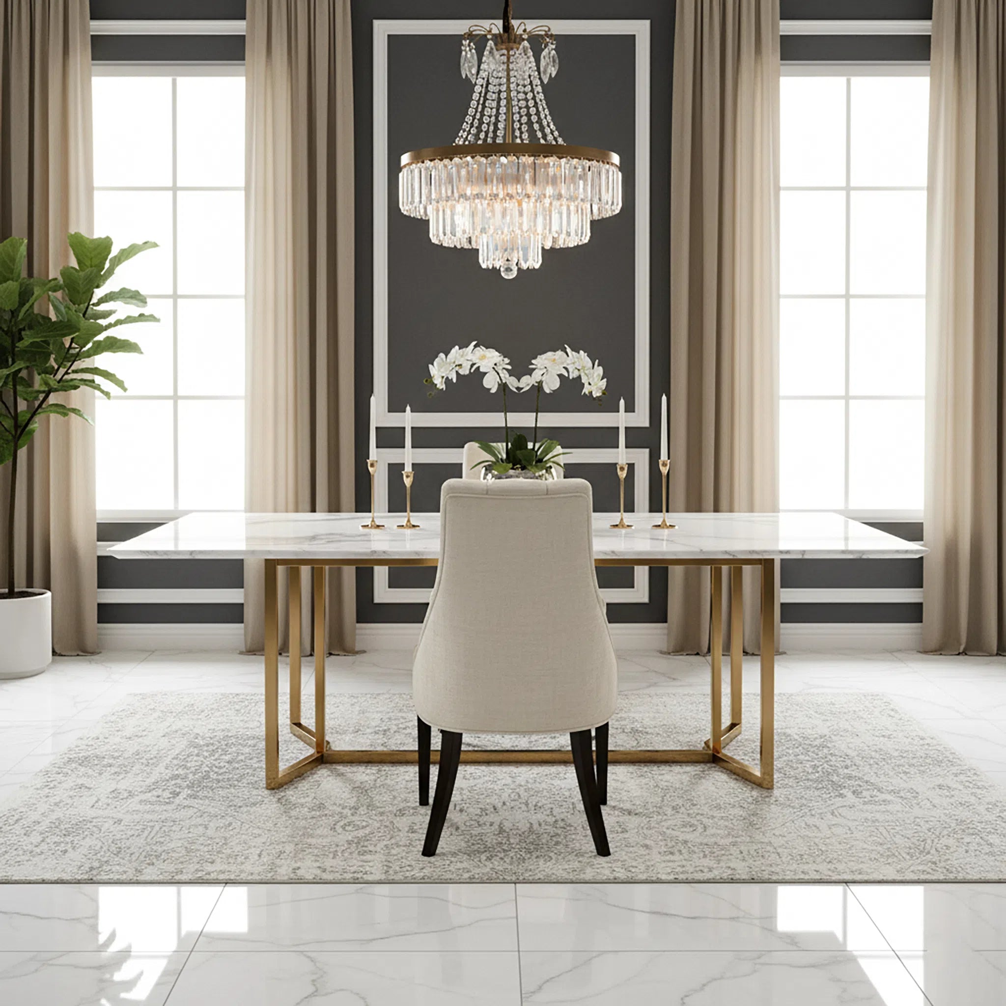 Modern dining room with a marble table, white chair, and crystal chandelier.