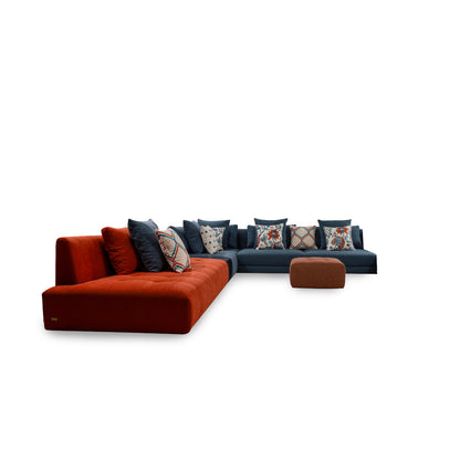 Sectional sofa with colorful cushions on a white background