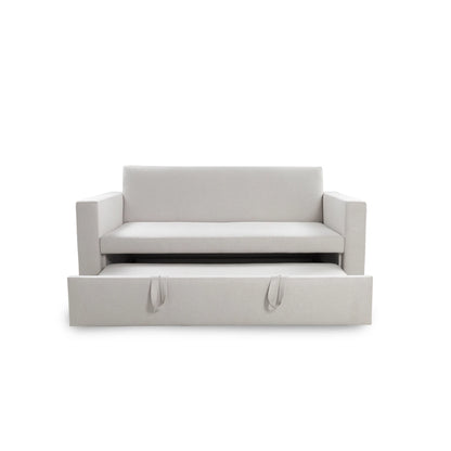 Gray sofa bed with storage compartment on a white background