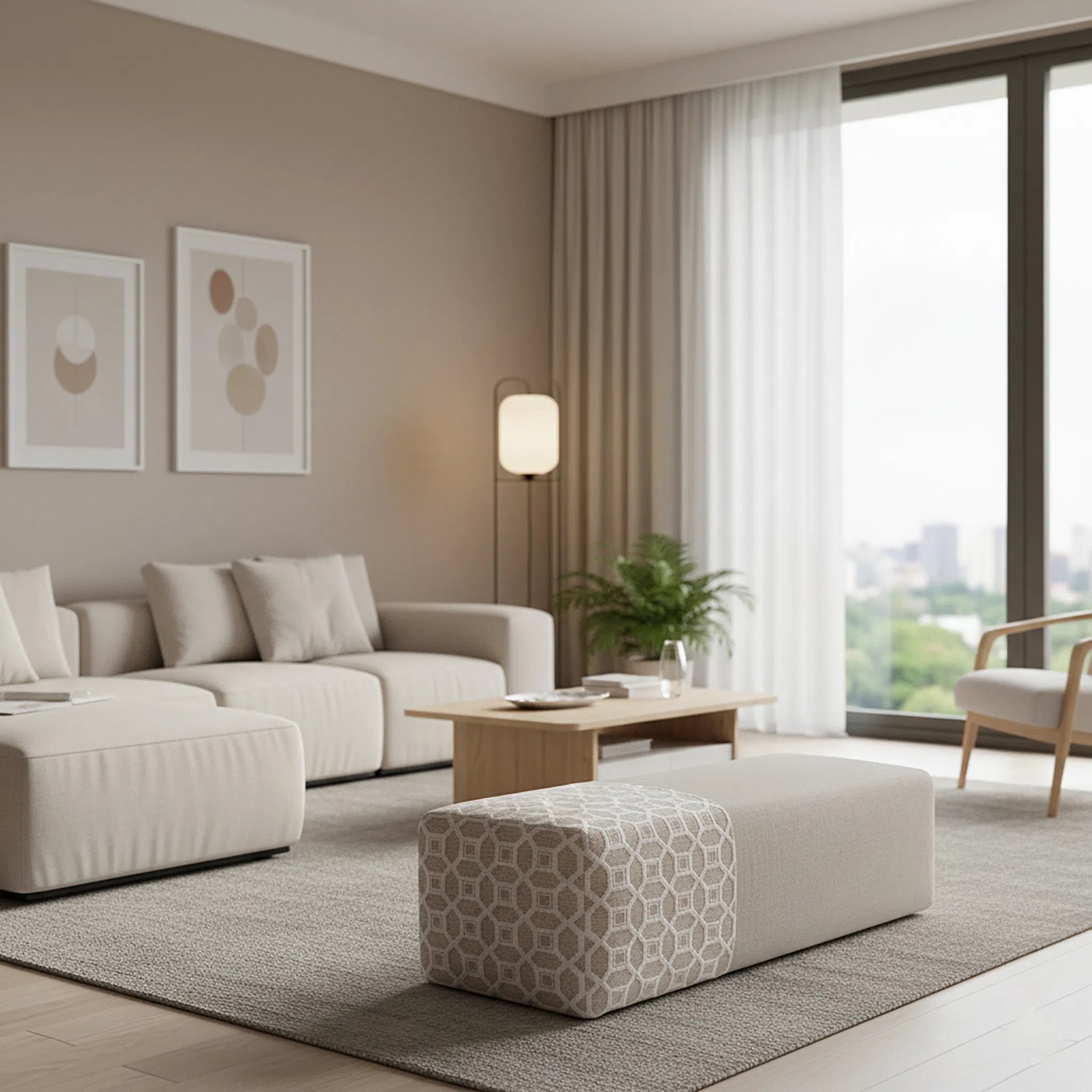 Modern living room with beige sofa, patterned ottoman, and large windows.