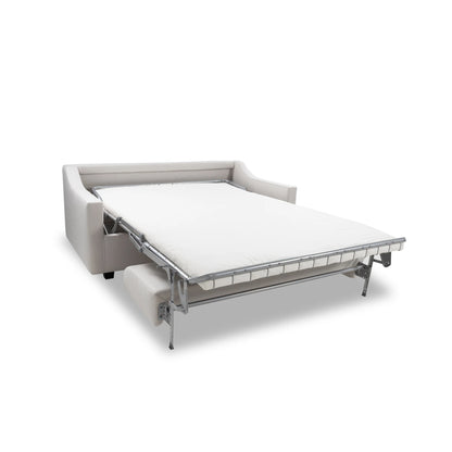 White bed with pull-out mechanism on a white background