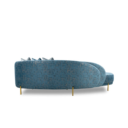 Blue textured sofa with gold legs on a white background