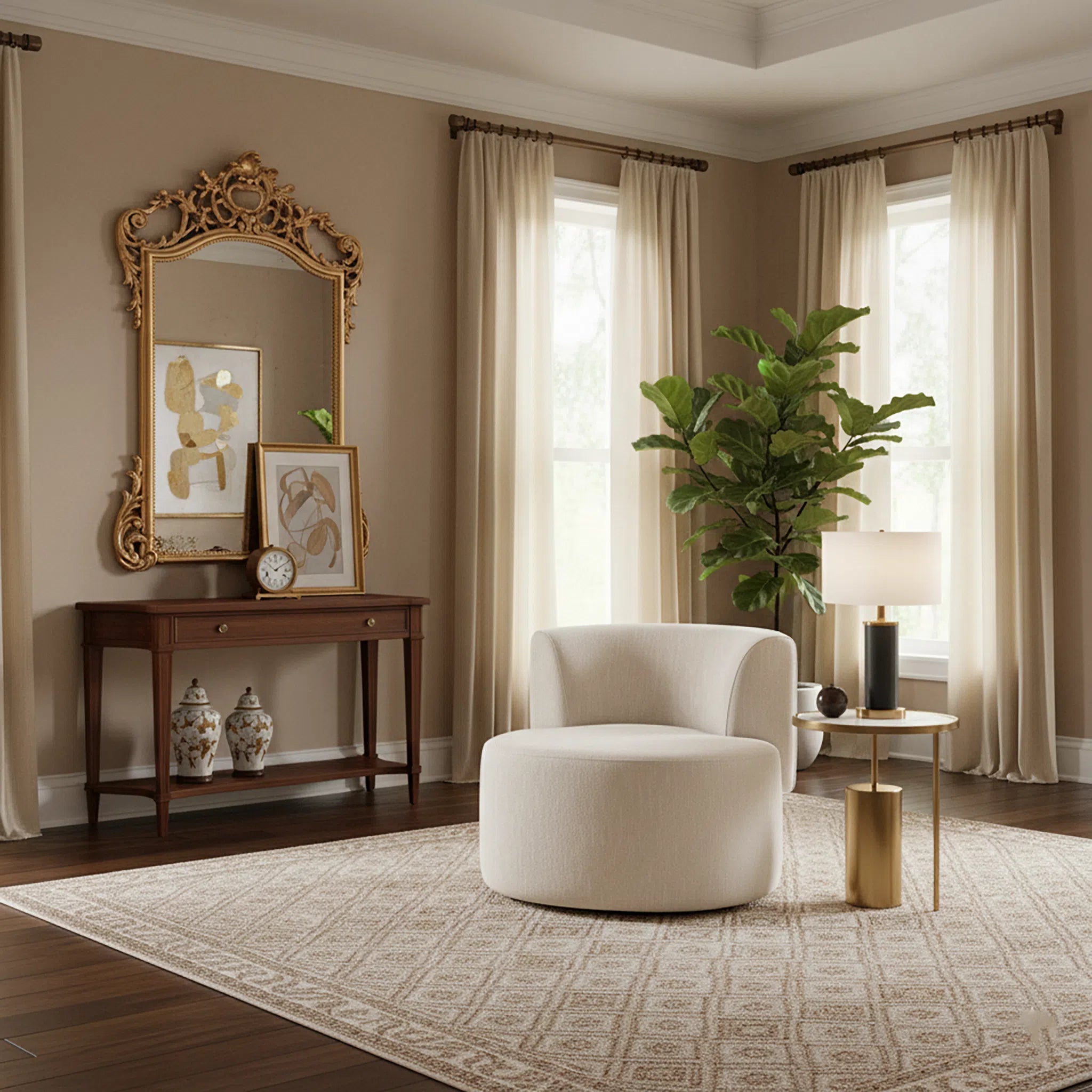Living room with a white armchair, wooden console table, and decorative mirror.