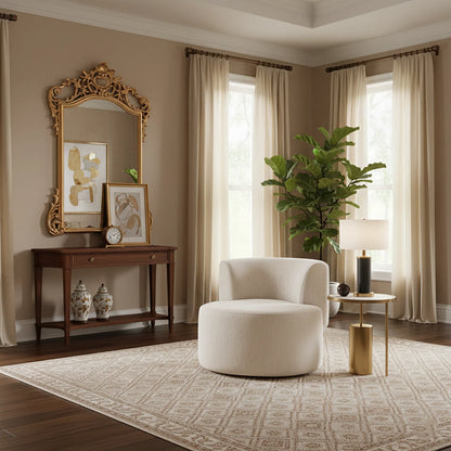 Living room with a white armchair, wooden console table, and decorative mirror.