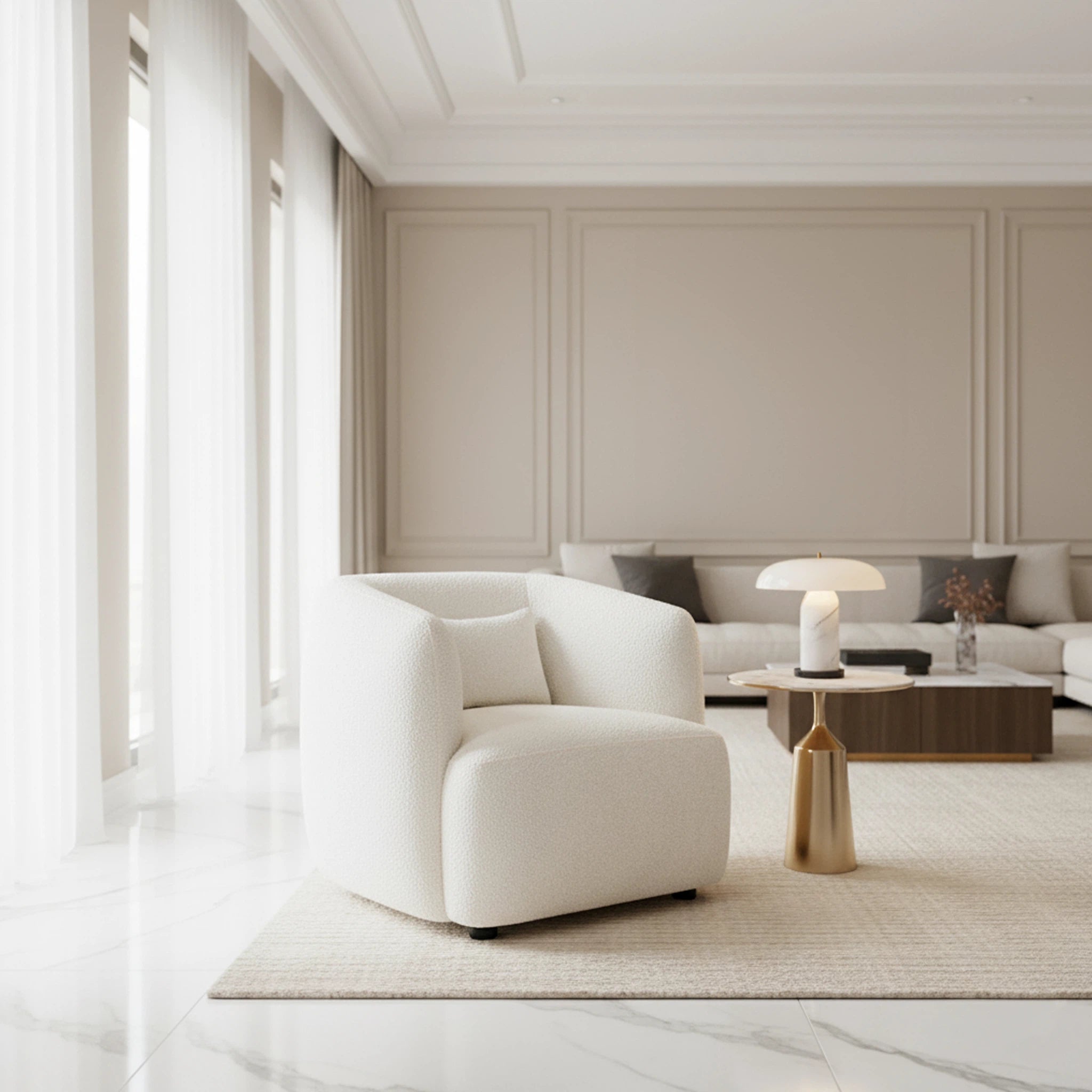 Modern living room with a white armchair, coffee table, and sofa against a neutral wall.