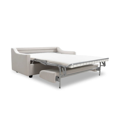 Gray sofa bed with pull-out mechanism on a white background