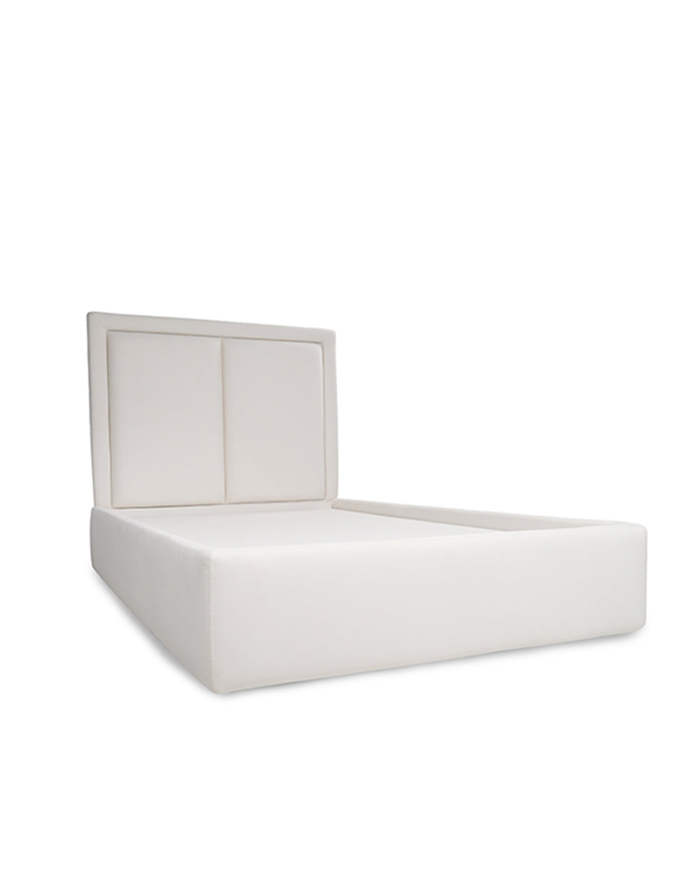 White upholstered bed with a headboard on a white background