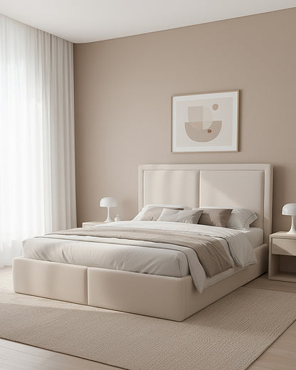 Beige bedroom with a bed, nightstands, and wall art.