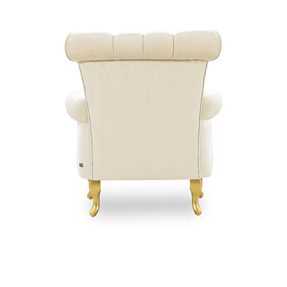 Beige armchair with gold legs on a white background