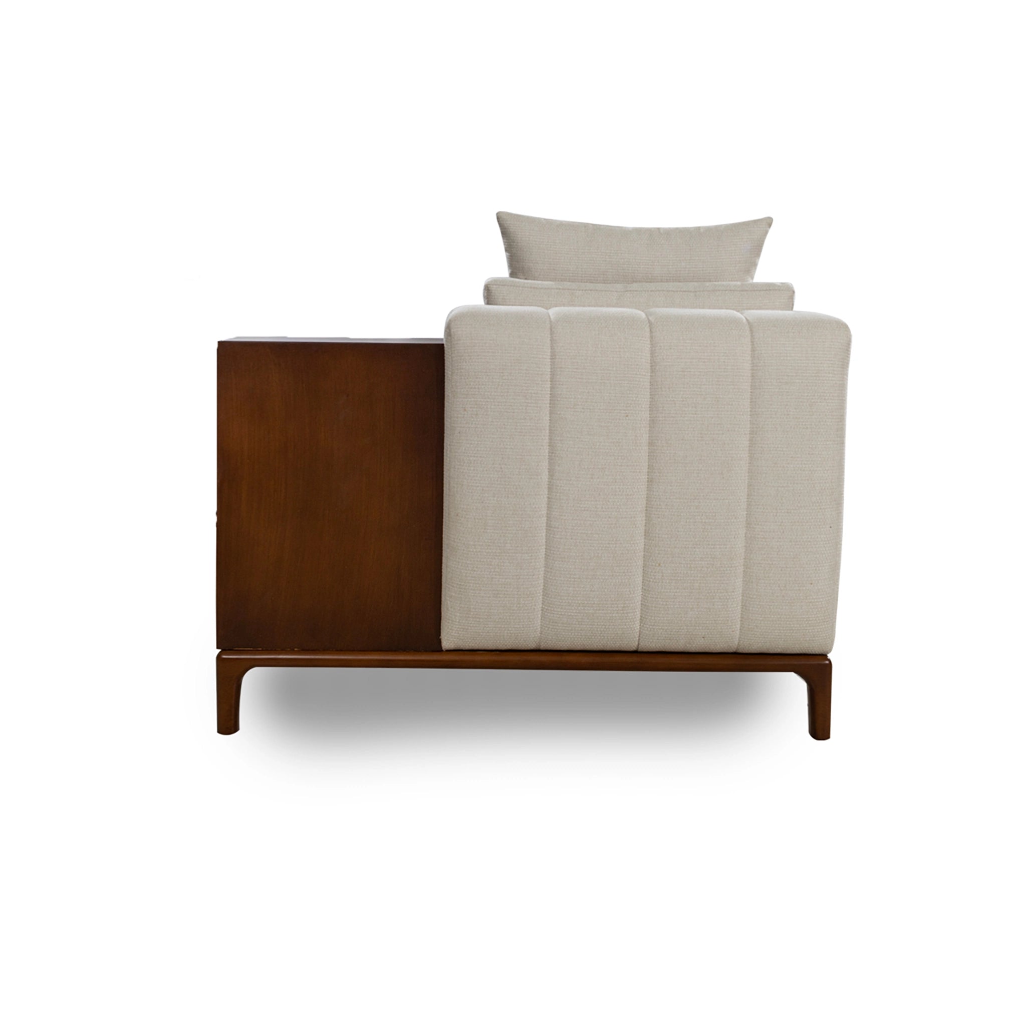 Bed with wooden headboard and beige upholstered body on a white background