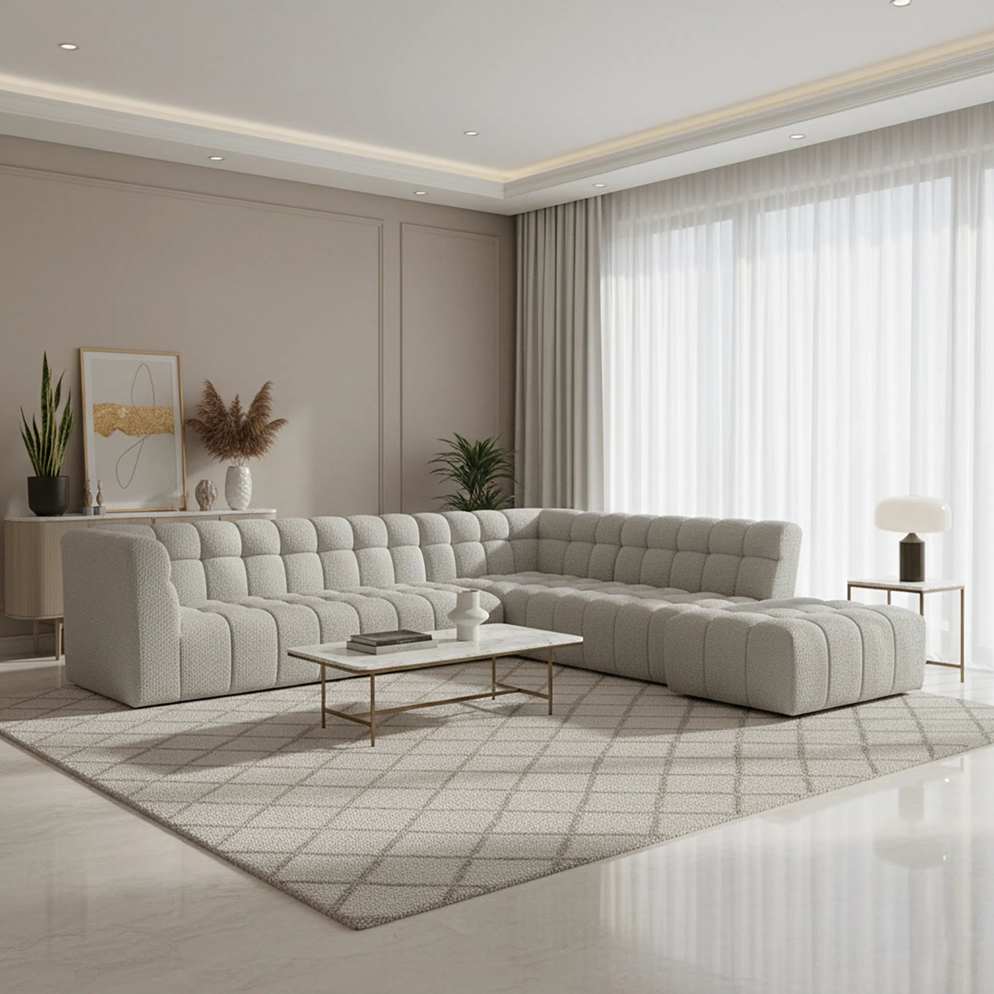 Modern living room with a gray sectional sofa, coffee table, and decorative elements.