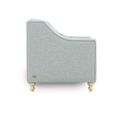 Gray upholstered chair with wooden legs on a white background