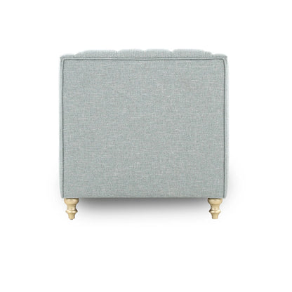 Gray upholstered ottoman with gold legs on a white background