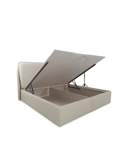 Beige bed with storage compartment on a white background