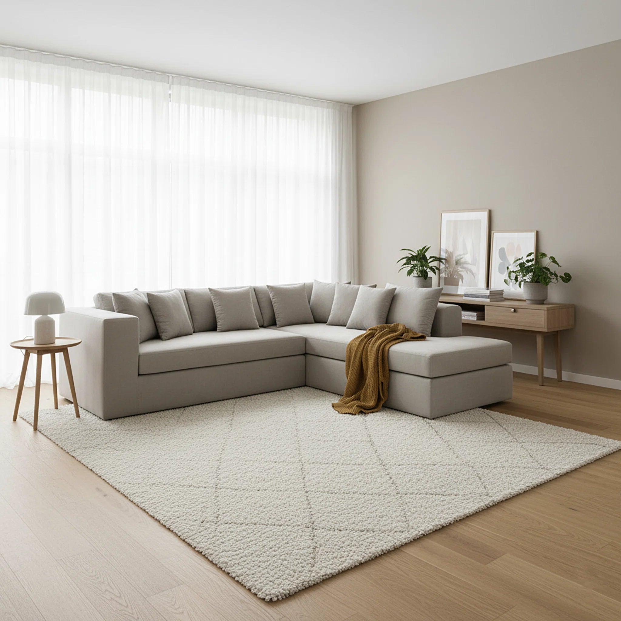 Modern living room with a beige sectional sofa, rug, and side table.