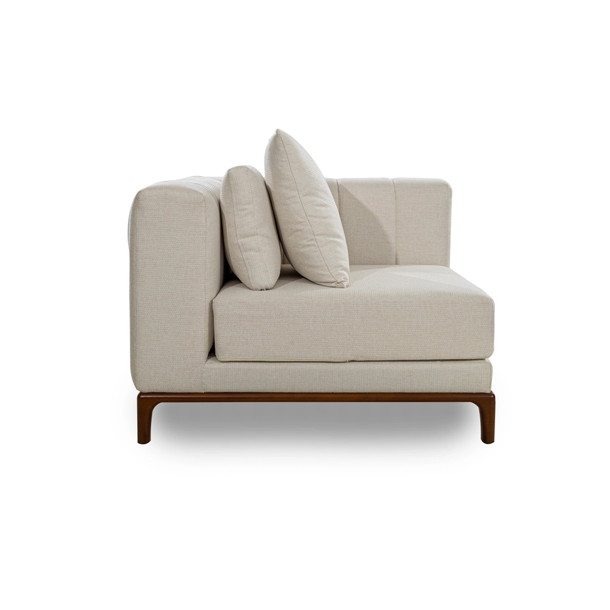 Beige corner sofa with wooden legs on a white background