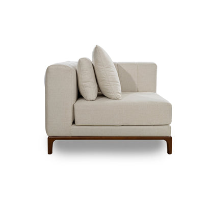 Beige corner sofa with wooden legs on a white background