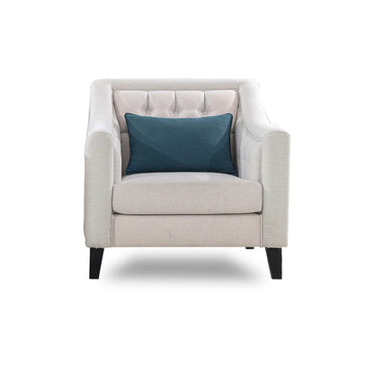 Beige armchair with a blue pillow on a white background