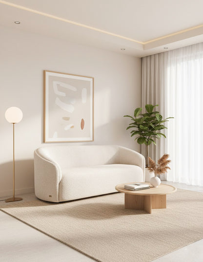 Modern living room with a white sofa, coffee table, and decorative elements.