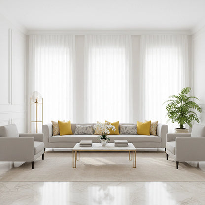 Modern living room with gray sofa, armchairs, and a coffee table.