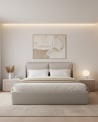 Modern bedroom with a bed, nightstands, and abstract art on the wall.
