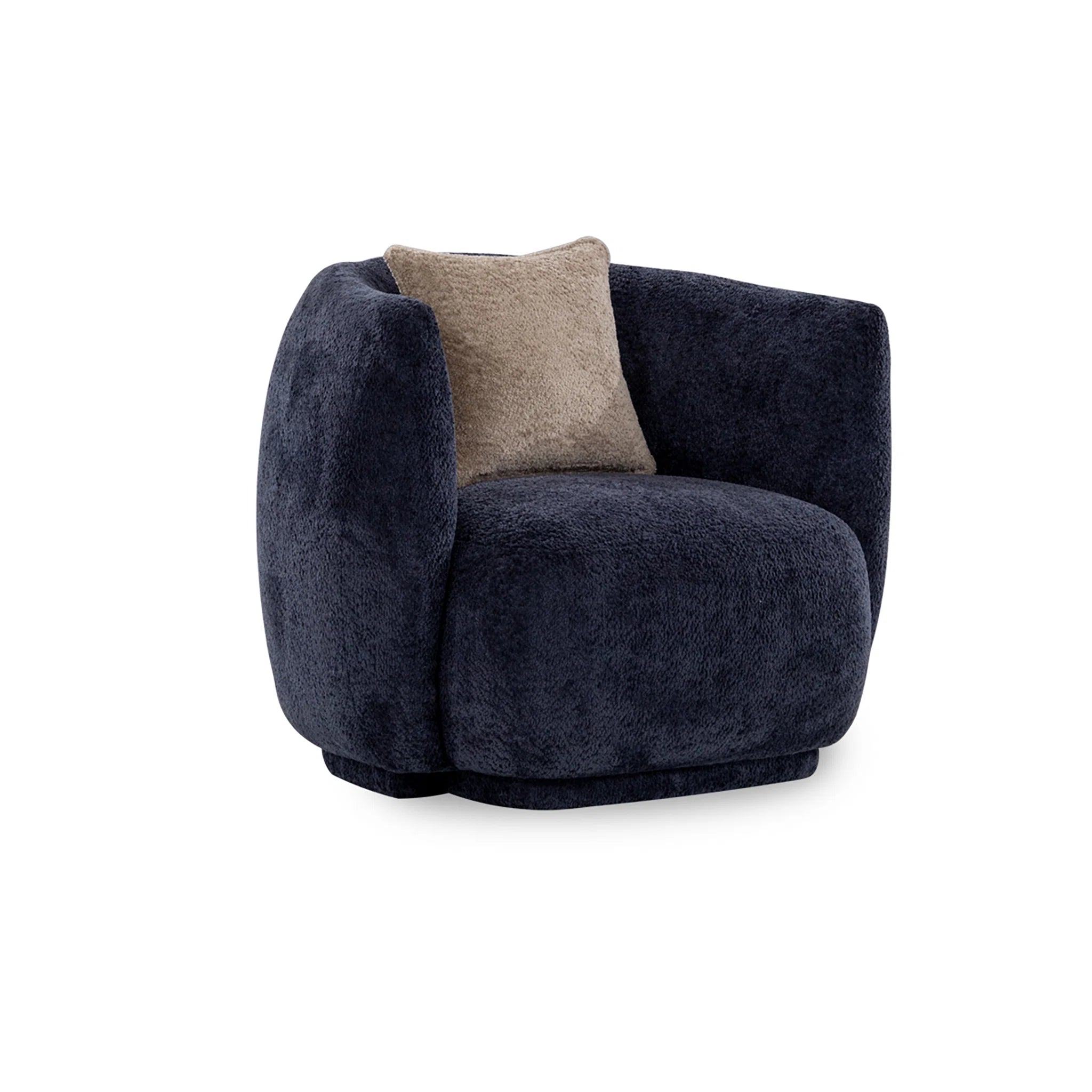 Dark blue armchair with a beige pillow on a white background