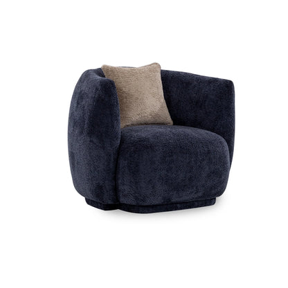 Dark blue armchair with a beige pillow on a white background